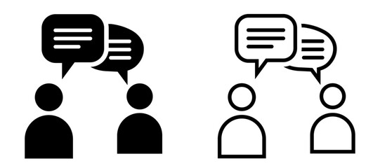 Vector icon of two people engaging in conversation, featuring speech bubbles and clean communication symbols in solid and outline styles, ideal for UI, UX, and business use