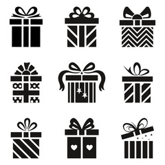 Gift box icons with decorative ribbons, bows, and graphic patterns in a linear style, suitable for celebration, greeting card design, holiday elements, and templates
