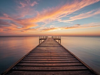 Obraz premium Wooden Pier Stretching into Calm Sea at Sunset