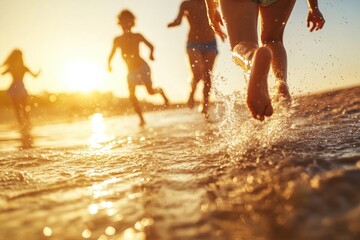 Children splashing in the golden light of the ocean waves