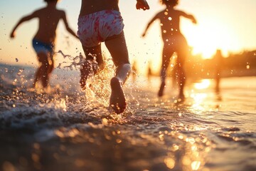 Children splashing in the golden light of the ocean waves