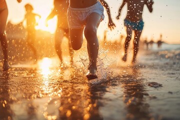 Children splashing in the golden light of the ocean waves