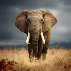 Fototapeta premium A large elephant is standing in a field of tall grass