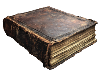 Worn leather book, thick aged pages, detailed cover design