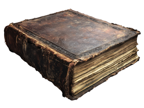 Worn leather book, thick aged pages, detailed cover design