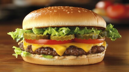 Classic cheeseburger with lettuce, pickles, and tomato