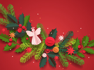 Paper cut template. Christmas vector greeting card. Christmas tree, balls, and a decor isolated on a red background. Winter frame for holidays with place for text.
