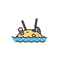 An island littered with garbage and waste, symbolizing pollution in environment.