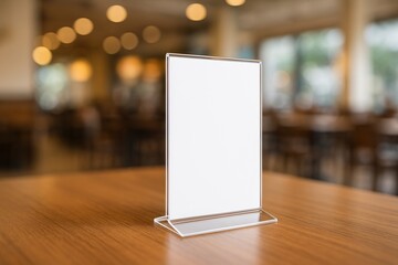 Mock-up of a blank menu label frame clear acrylic table display stand. Empty white advertising menu holder on brown wooden table in a cafe, copy space reservation empty
