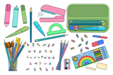 Collection of school supplies including pencils, pens, erasers, sharpener, markers set, stapler and case on white background. For back to school stationery concept, education and educational theme.