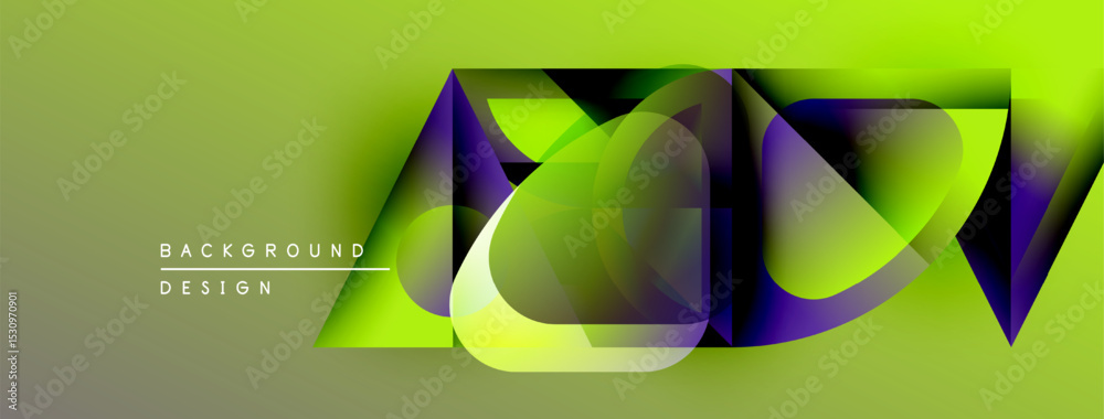 Poster Abstract geometric shapes overlap, creating vibrant color gradients. Lime green dominates background, purple accents present. Modern design element.
