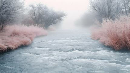 Serene winter river scene, misty fog, frost-covered grasses and trees.  Peaceful, tranquil nature photography.