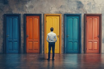 Businessman Facing Four Colorful Doors, Representing Choices and Opportunities