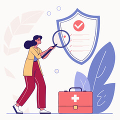 Female character examining health insurance checklist with magnifier, shield and medical kit on abstract background. Concept of healthcare policy. Vector