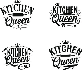 Kitchen Queen Typography Vector Set with Rolling Pin, Crown, Design for poster, flyer, banner, menu café. Hand drawn, calligraphy quote text 