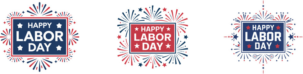 Happy Labor Day Fireworks Vector Set – Patriotic Red and Blue Typography Emblems