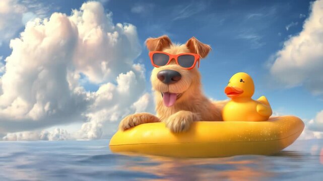 Relaxing dog and duck on inflatable raft in sunny summer day