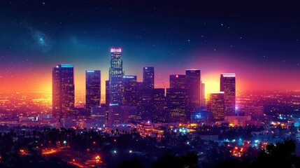 Obraz premium Vibrant sunset over a city skyline with illuminated skyscrapers and starry night sky.