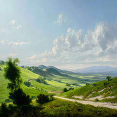 Obraz premium A painting of a mountain valley with a road and a tree