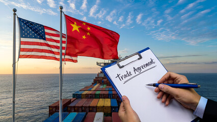 Maritime Trade Concept with US and China Flags, Clipboard Notes, and Stacked Containers on Ship
