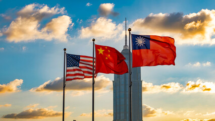 USA, China, and Taiwan Flags Fluttering Under Blue Sky Near Iconic Tower