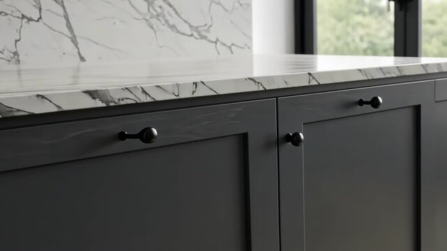 A sleek black kitchen cabinet with a marble countertop.
