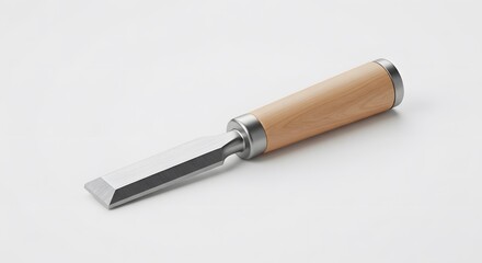 Naklejka premium A single, sharp woodworking chisel with a classic wooden handle, isolated on a clean white studio background.