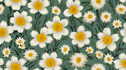 Muted Green Background with White Daisy Pattern 2