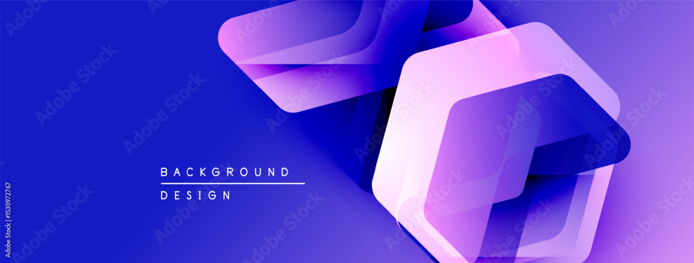Poster Abstract geometric shapes overlap, creating vibrant blue, purple gradients. Modern design elements suggest technology, innovation. Background features text labels.