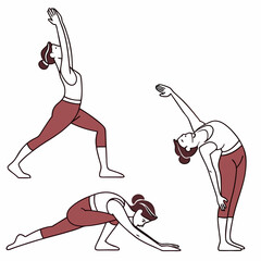 Set of yoga poses line icons. Symbols with female figure in different yoga poses or asanas. Fitness, sports and Pilates. Outline vector illustration collection isolated on white .