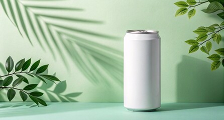 White Beverage Can on Green Background with Leaves Minimal Refreshing Drink Mockup for Juice, Soda, or Sparkling Water Branding