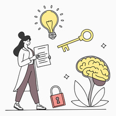 Woman holding key and certificate near brain, lightbulb, images, and lock with abstract background. Concept of intellectual property and creativity. Vector .