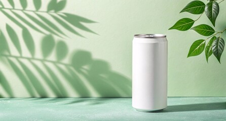 White Beverage Can on Green Background with Leaves Minimal Refreshing Drink Mockup for Juice, Soda, or Sparkling Water Branding