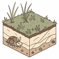 Under earth layer concept. Dirt with grass. Archeology and paleontology. Ground and soil, land. Graphic element for website. Cartoon flat vector illustration isolated on white .