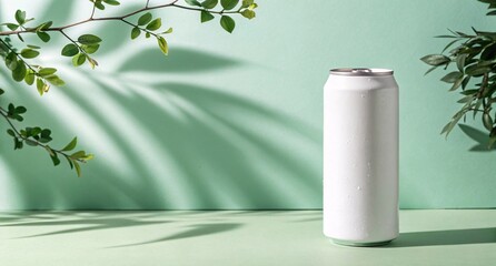 White Beverage Can on Green Background with Leaves Minimal Refreshing Drink Mockup for Juice, Soda, or Sparkling Water Branding