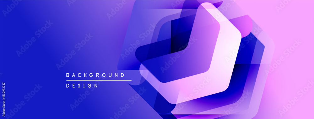 Poster abstract geometric shapes overlap, creating vibrant blue, purple gradient. modern design elements su