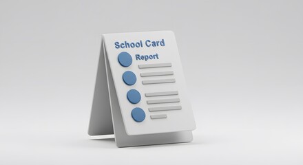 A 3D rendering of a minimalist school card report icon, symbolizing academic assessment and student performance evaluation on a clean background.