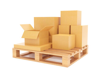 Different size product boxes on wooden pallet, manufacturing, export, industry business, 3d rendering.