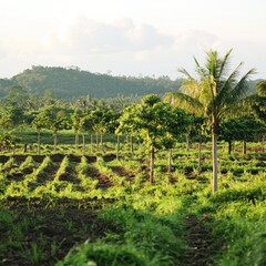 Obraz premium Lush farmland stretches towards a hazy mountain range, dotted with trees and rows of crops