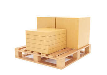 Product boxes on wooden pallets, manufacturing export, industry business. 3D rendering