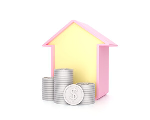 Home savings concept with house and coin stack on pastel background. 3d rendering.