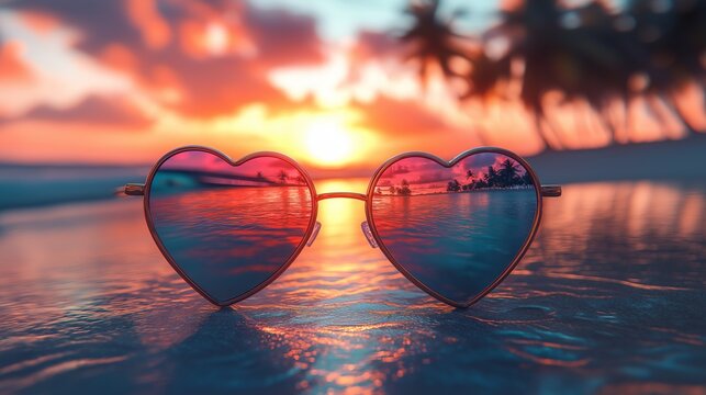 Heart-shaped sunglasses with tropical beach sunset reflection, placed on wooden table with dreamy blurred palm background. Romantic vacation concept