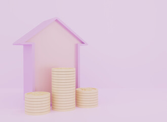 Real estate investment or home savings concept with house and coin stack on pastel background. 3d rendering.