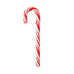 Single candy cane with red stripes isolated on transparent background