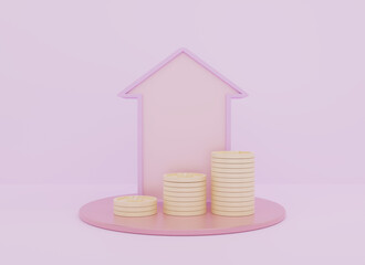 Real estate investment or home savings concept with house and coin stack on pastel background. 3d rendering.