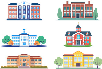 Set of city buildings. Vector illustrations of buildings of university, government, school, college, hotel, post office, theater, bank, museum, railway, police, library. External facades of city.