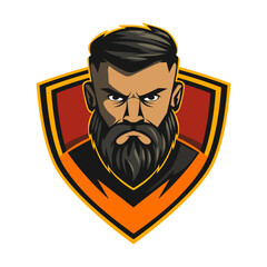 Bearded man logo. Vector illustration of a bearded man with a menacing face. Logo for a serious barbershop of a bearded man. Logo for a sports team mascot, cosmetics, brand, barbershop.
