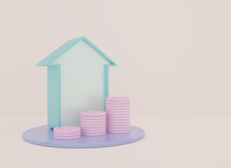 Real estate investment or home savings concept with house and coin stack on pastel background. 3d rendering.