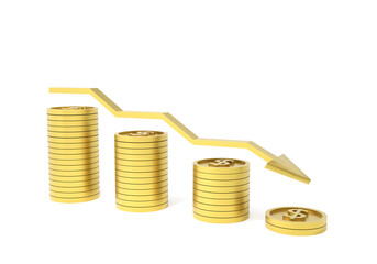 Coins and financial symbols in recession direction on white background. 3D rendering