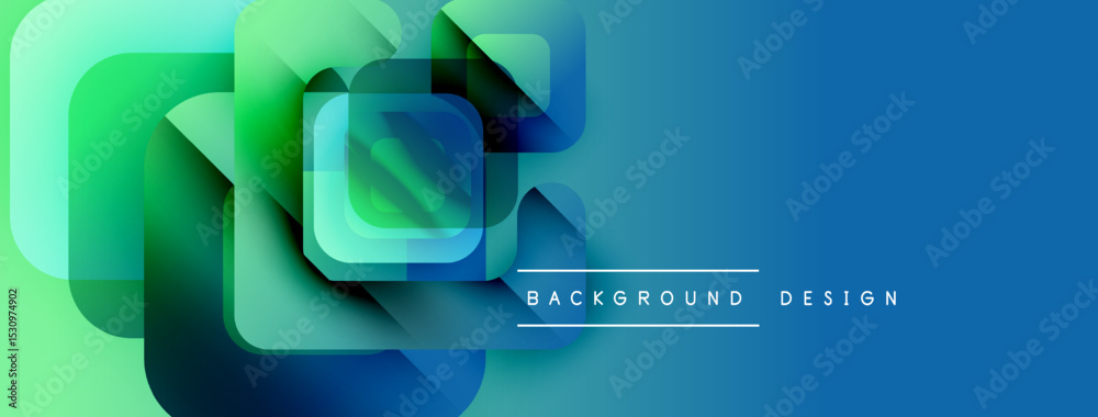 Poster abstract geometric shapes blend vibrant green, blue hues. modern design creates dynamic visual impac